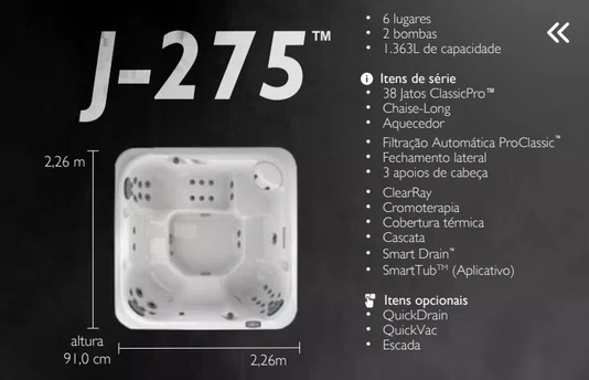 Spa Quadrado J275 Jacuzzi em Acrílico com Fechamento e Cobertura Térmica
