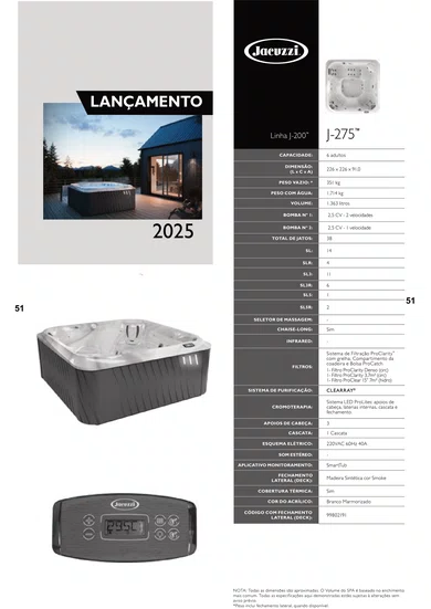 Spa Quadrado J275 Jacuzzi em Acrílico com Fechamento e Cobertura Térmica