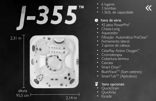 Spa Quadrado J355 Jacuzzi em Acrílico Com Fechamento e Cobertura Térmica