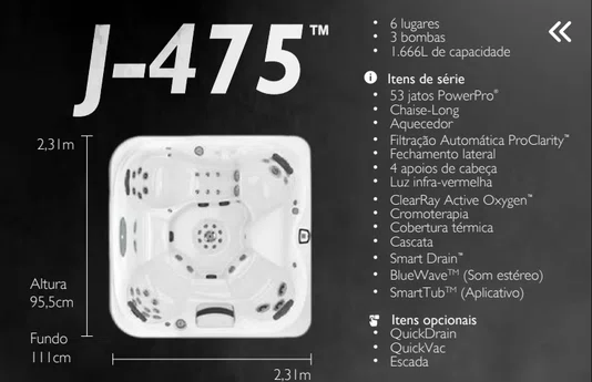 Spa Quadrado J475 Jacuzzi em Acrílico Com Fechamento e Cobertura Térmica