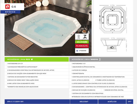 Spa Quadrado Marbella C5 Linha ECO em Gel Coat – O Seu Spa de Luxo Sustentável (220V Bifásico)