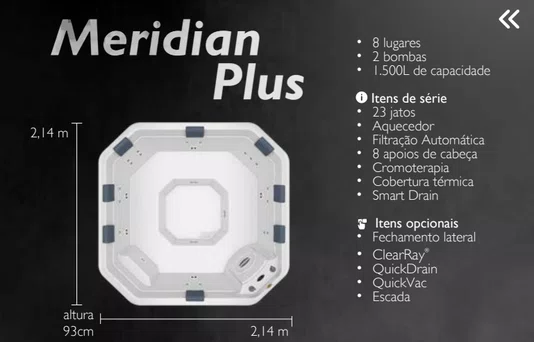 Spa Quadrado Meridian Plus Jacuzzi em Acrílico com Fechamento e Cobertura Térmica
