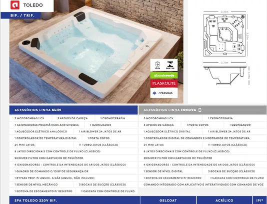 Spa Hidromassagem Quadrado Toledo Slim em Gel Coat