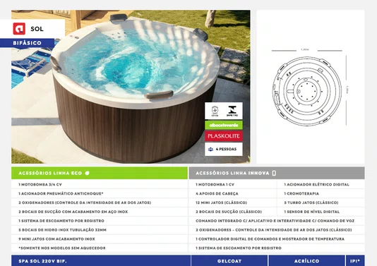 Spa Redondo Sol Linha GLOW em Gel Coat c/ Capa e Gerador de Ozônio
